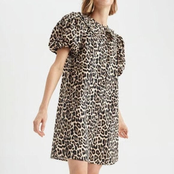 H&M Collared Leopard Print Button Up Puff Sleeve Mini Dress Size S EUC - Picture 1 of 14